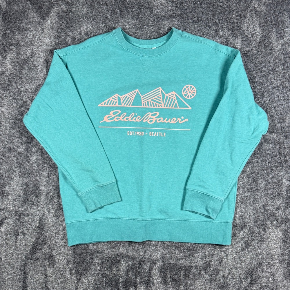 Eddie Bauer Womens Teal Green Mountain Graphic Crewneck Sweatshirt Medium 3184